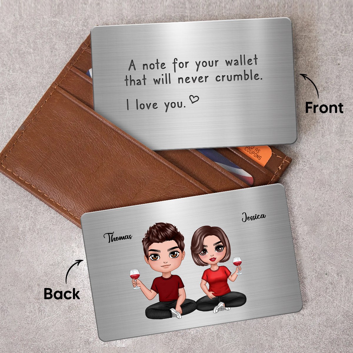 My Love Will Never Crumble Custom Message Doll Couple Sitting Personalized Metal Wallet Card