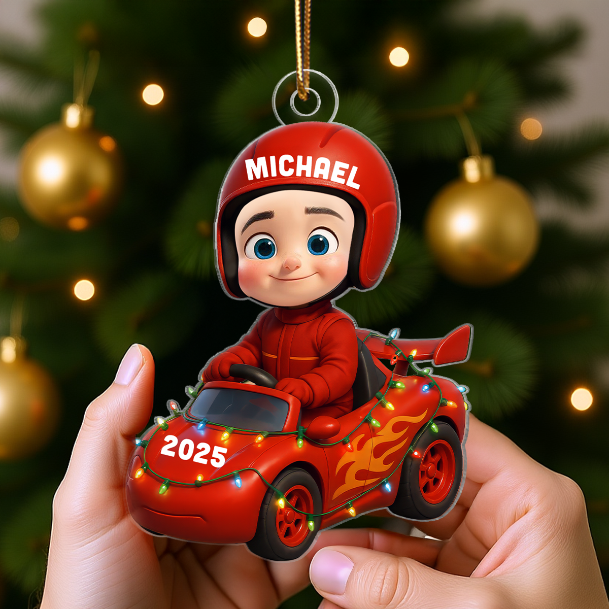 3D Effect Little Kid Racing Car Christmas Personalized Acrylic Ornament