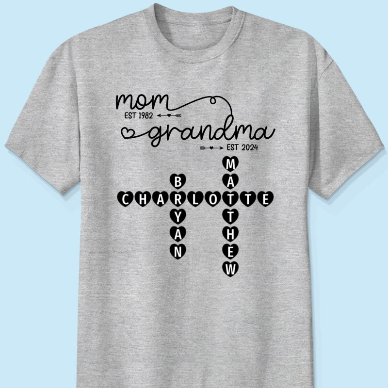 Mom Grandma Est. Swirl Crossword Puzzle Art Personalized Shirt