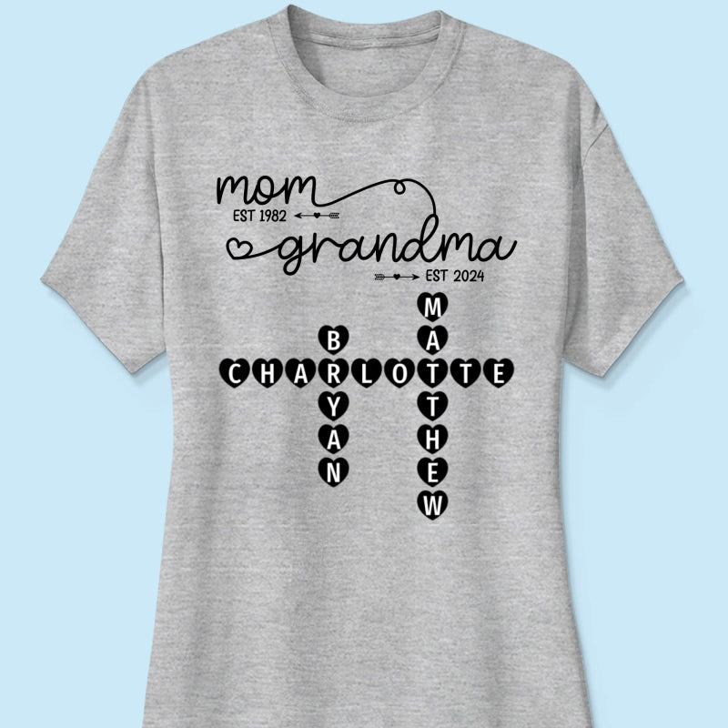Mom Grandma Est. Swirl Crossword Puzzle Art Personalized Shirt