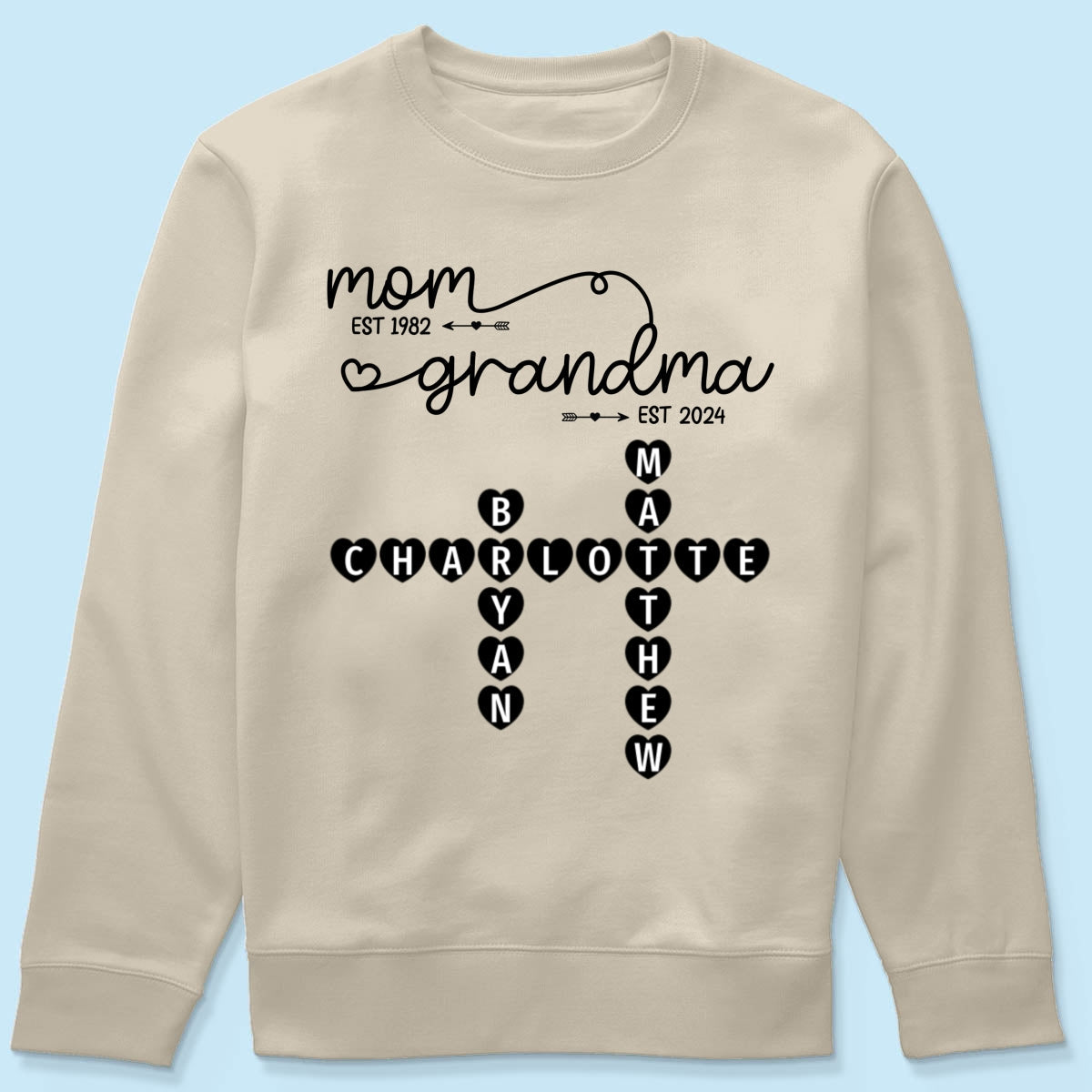 Mom Grandma Est. Swirl Crossword Puzzle Art Personalized Shirt