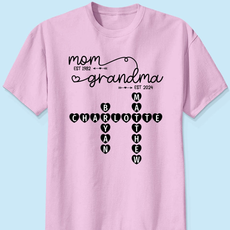 Mom Grandma Est. Swirl Crossword Puzzle Art Personalized Shirt