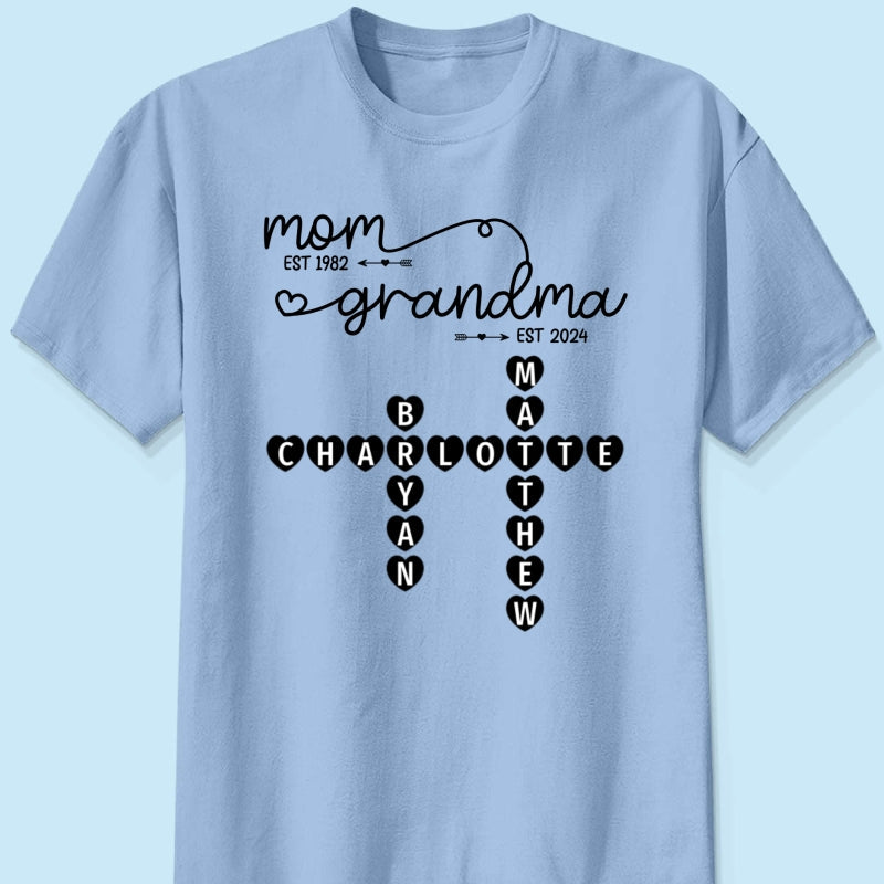 Mom Grandma Est. Swirl Crossword Puzzle Art Personalized Shirt