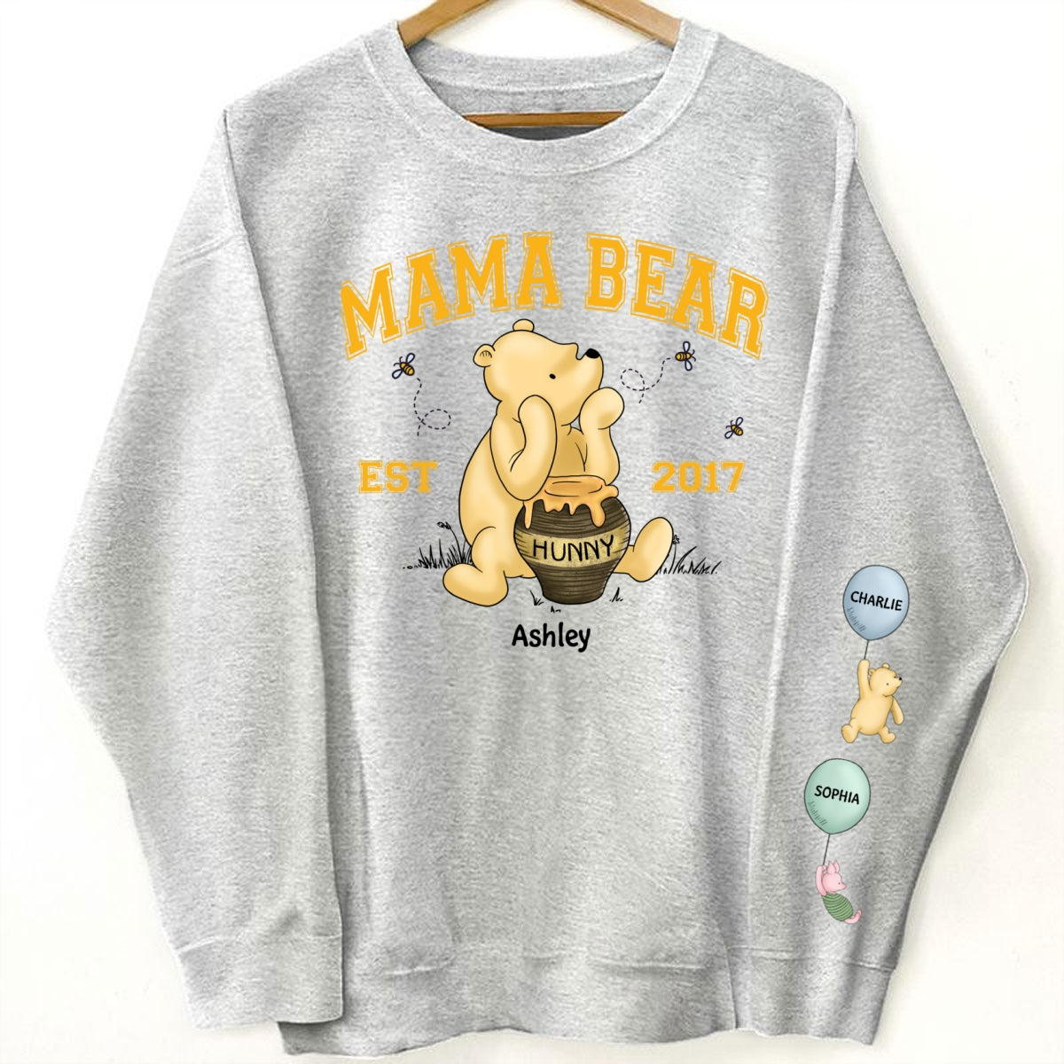 Mama Bear Est. Cute Characters With Balloon Personalized Sleeve Printed Sweatshirt