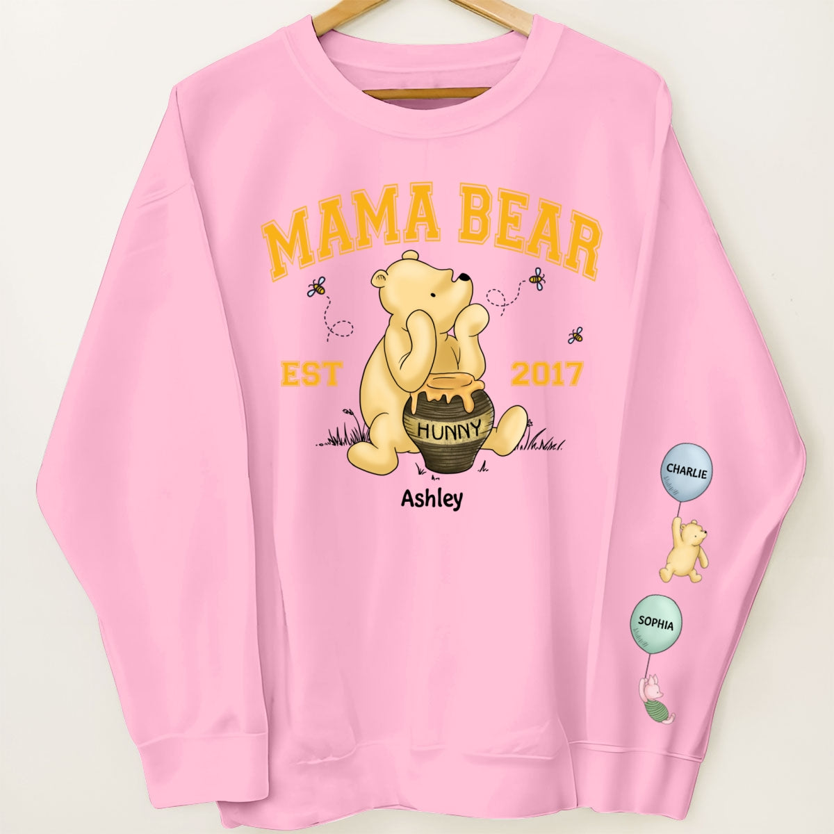 Mama Bear Est. Cute Characters With Balloon Personalized Sleeve Printed Sweatshirt