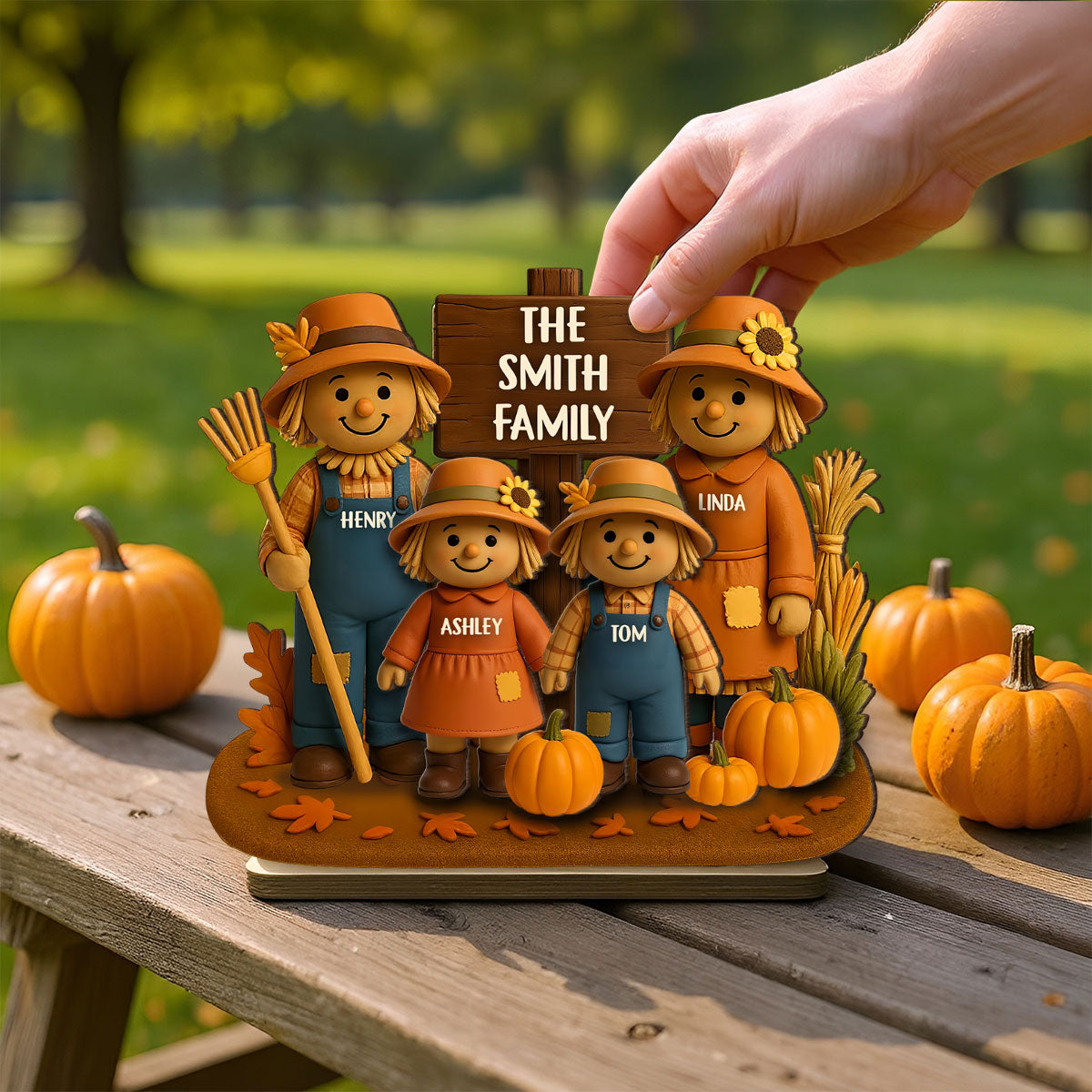 Fall Season Scarecrow Family 3D Effect Personalized 2-Layer Wooden Plaque