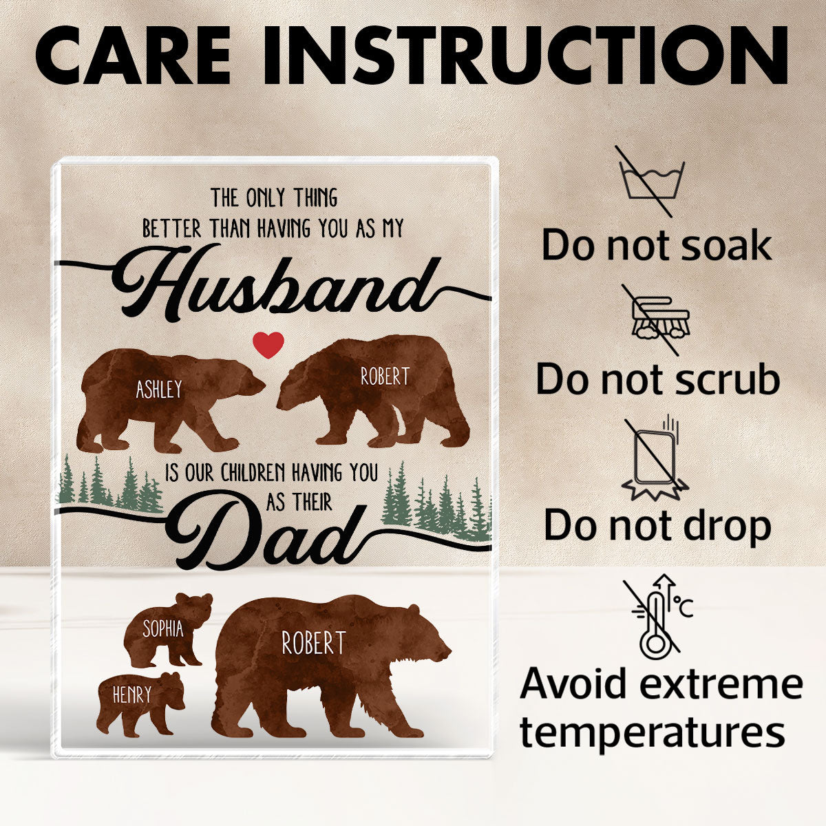 Bear Family Personalized Acrylic Block,  gift for Husband