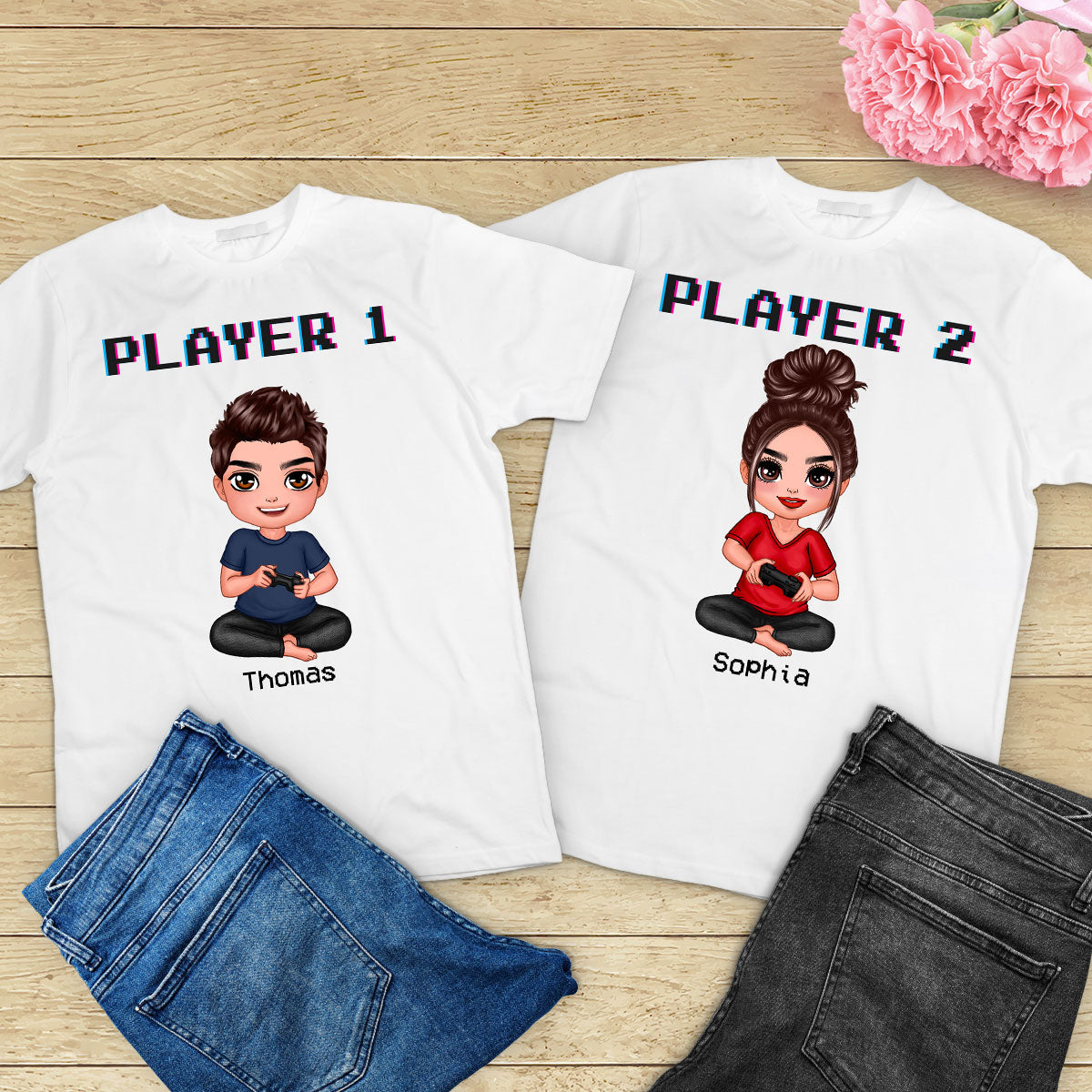 Couple Gaming Player 1 Player 2 Valentine‘s Day Personalized Matching Shirts [Set of 2 Shirts]