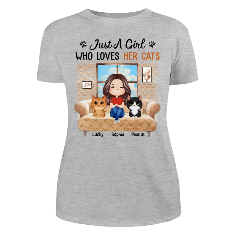 Just A Girl Who Loves Cats Watercolor Woman And Watercolor Cute Cats Sitting By The Window Personalized Shirt