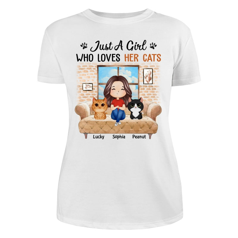 Just A Girl Who Loves Cats Watercolor Woman And Watercolor Cute Cats Sitting By The Window Personalized Shirt