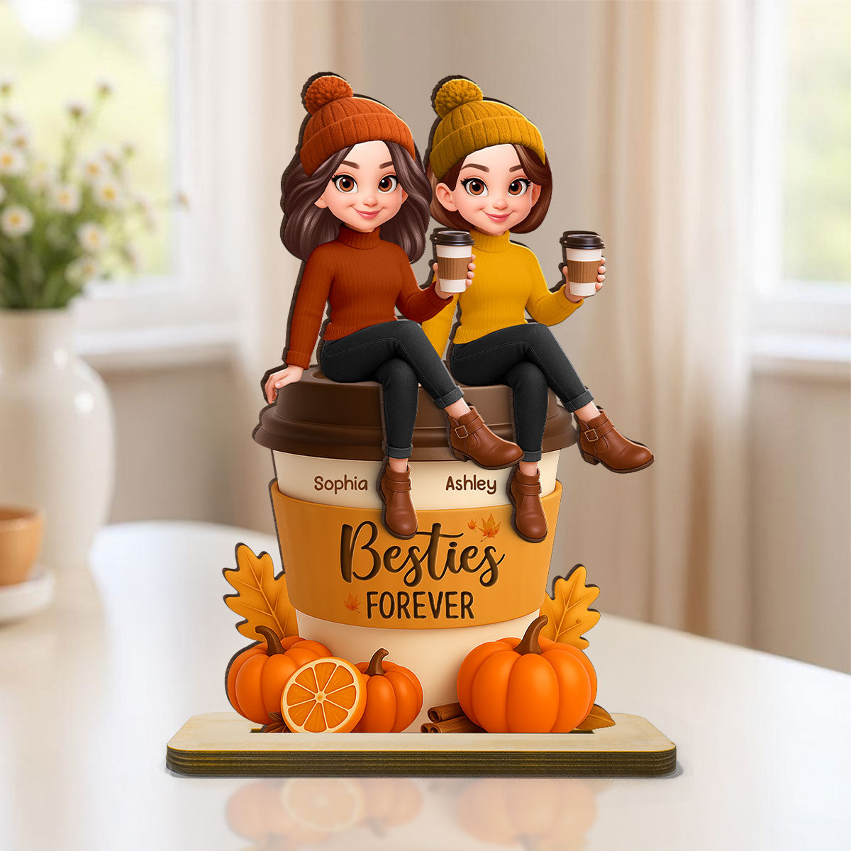 Fall Season Besties Sitting On Pumpkin Spice Latte - Personalized 2-Layered Wooden Plaque