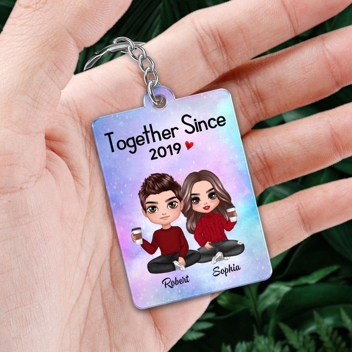 Doll Couple Sitting Together Since Favorite Song Scannable QR Code - Personalized Acrylic Keychain - Anniversary Gift For Him, Gift For Her