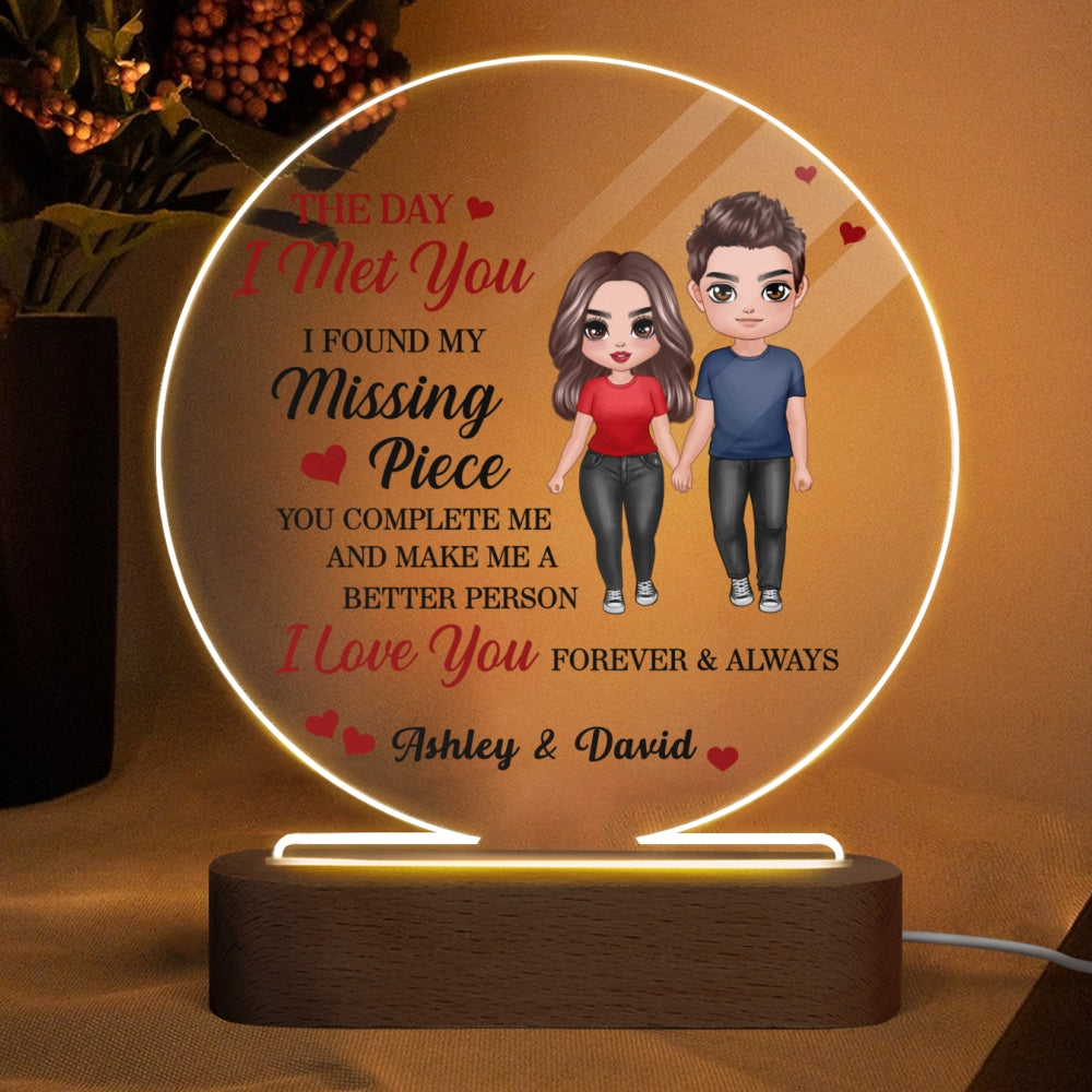 Doll Couple Found My Missing Piece Anniversary Gift For Him For Her Personalized Circle Plaque LED Night Light