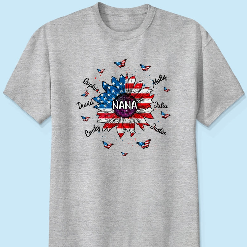 Grandma With Grandkids Names Nation Flag Sunflower Personalized Shirt