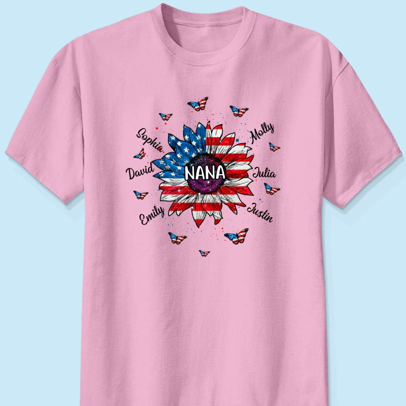 Grandma With Grandkids Names Nation Flag Sunflower Personalized Shirt