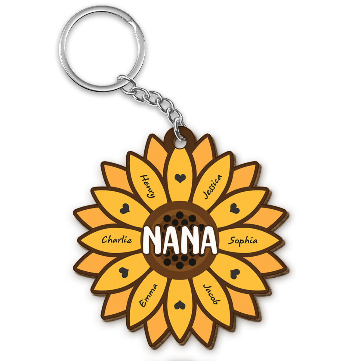 Sunflower Grandkids Children Name Gift For Mom Grandma Personalized Custom Shape Wooden Keychain