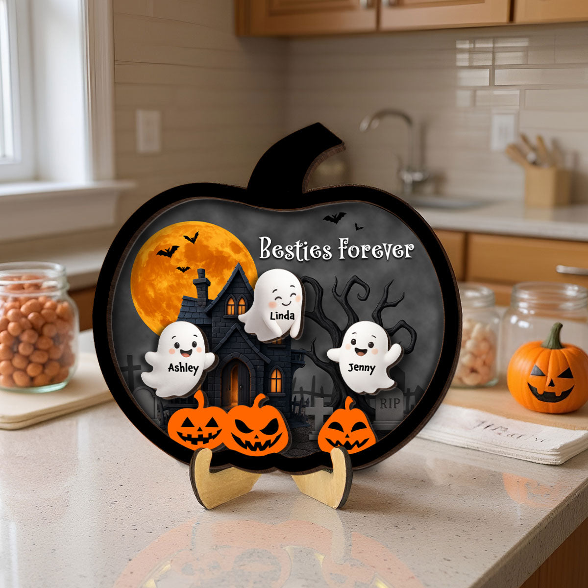 3D Effect Ghost Friends, Ghost Family Inside Pumpkin Personalized 2-Layer Wooden Plaque, Halloween Decoration