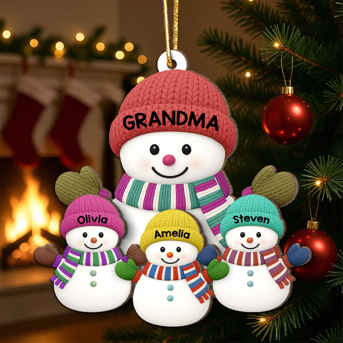 Christmas Grandma Grandkids Snowman Together Christmas - Personalized 2-Layer Wooden Ornament