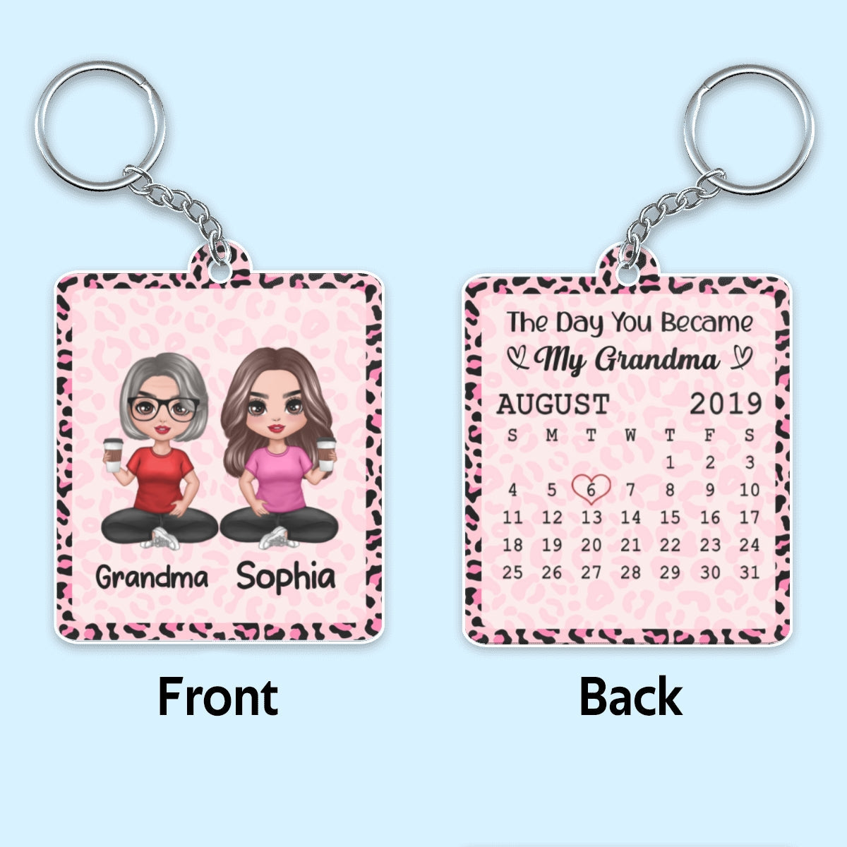 Best Grandma Ever Doll Sitting Grandma Grandkid Calendar Date Pink Leopard Pattern Personalized Acrylic Keychain