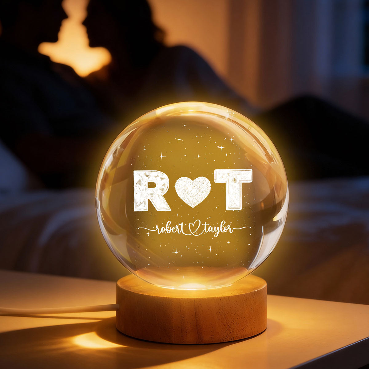 Eternal Love Couple Initial Names - Personalized Crystal Ball LED Night Light - Valentine's Day Gift For Couple, For Her, For Him