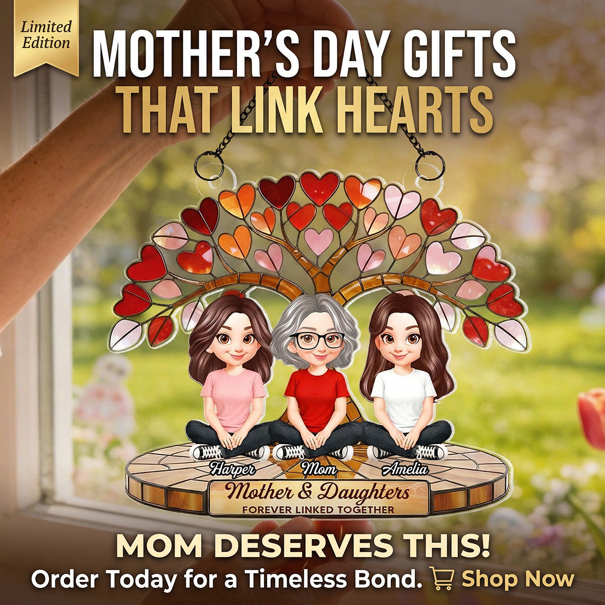 Mom And Son Daughter Under Heart Tree Forever Linked Together - Personalized Suncatcher Ornament - Gift For Mom