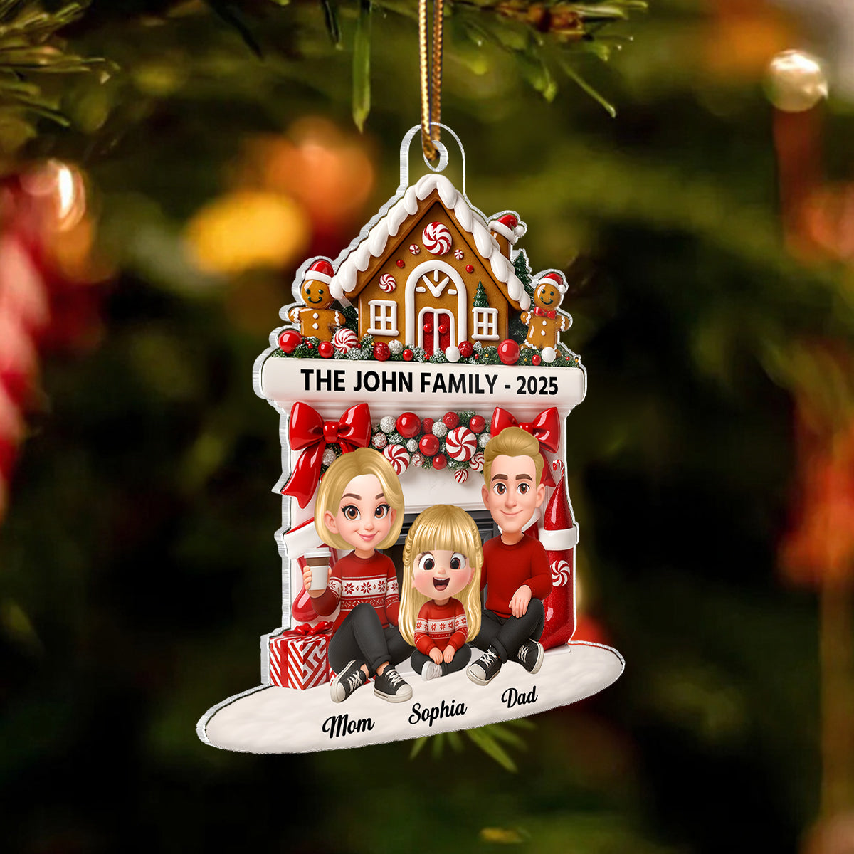 Family Sitting by the Fireplace Personalized Acrylic Ornament - Christmas Gift for Mom, Dad, Children