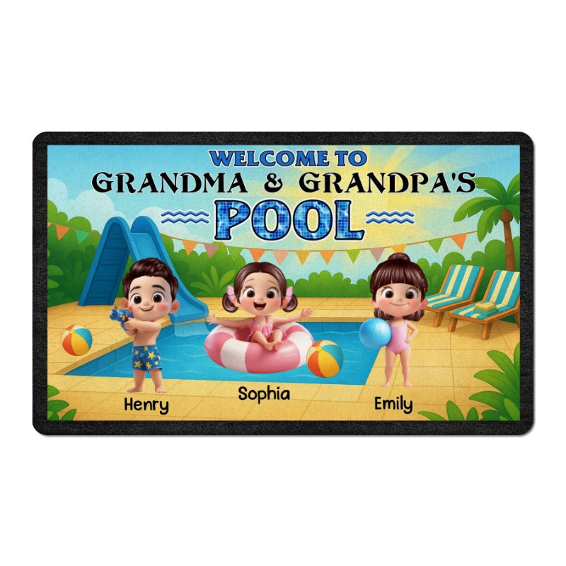 Welcome to Grandma & Grandpa's Pool Personalized Non-Slip Doormat, Entryway Front Porch Farmhouse Summer Grandkids Welcome Mat