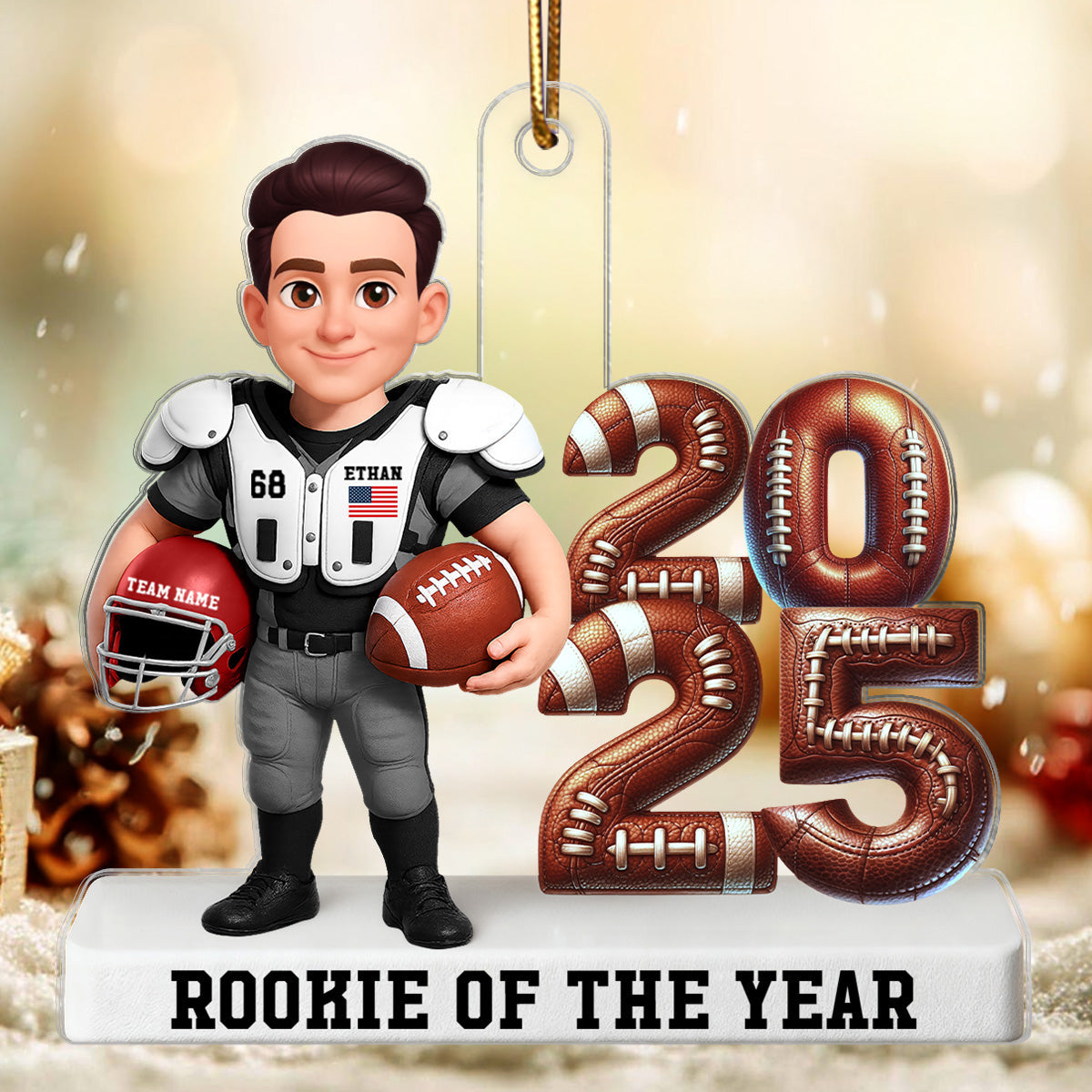 Proud American Football Player Standing By Year 3D Effect - Personalized Acrylic Ornament