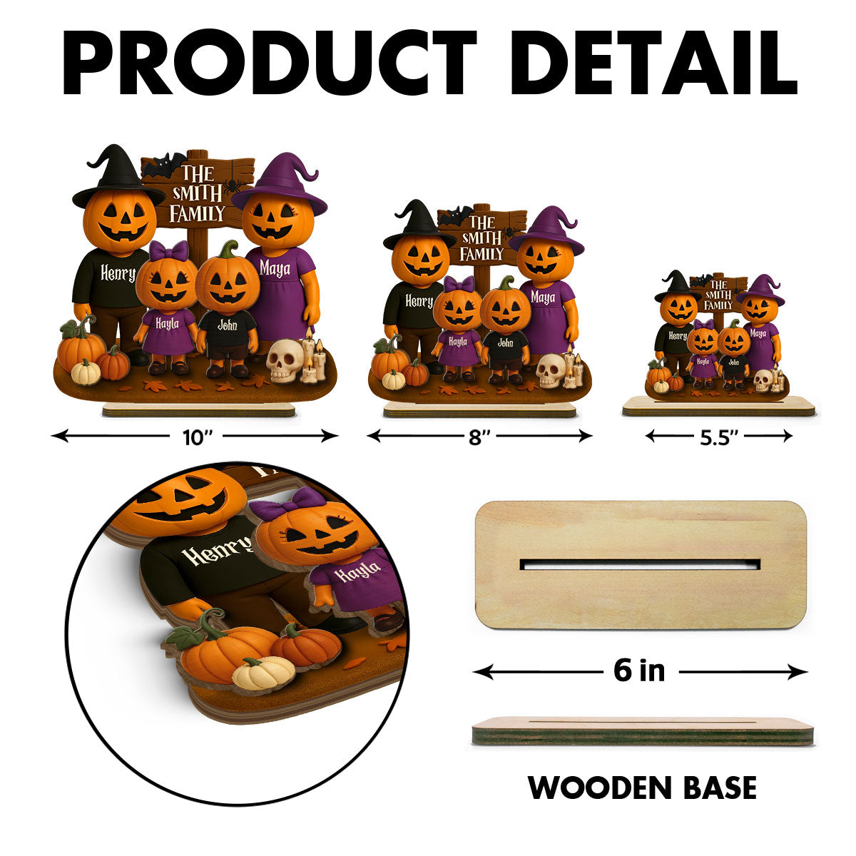 Jack O' Lantern Grandparents, Grandkids 3D Effect Personalized 2-Layered Standing Wooden Plaque, Halloween Decor