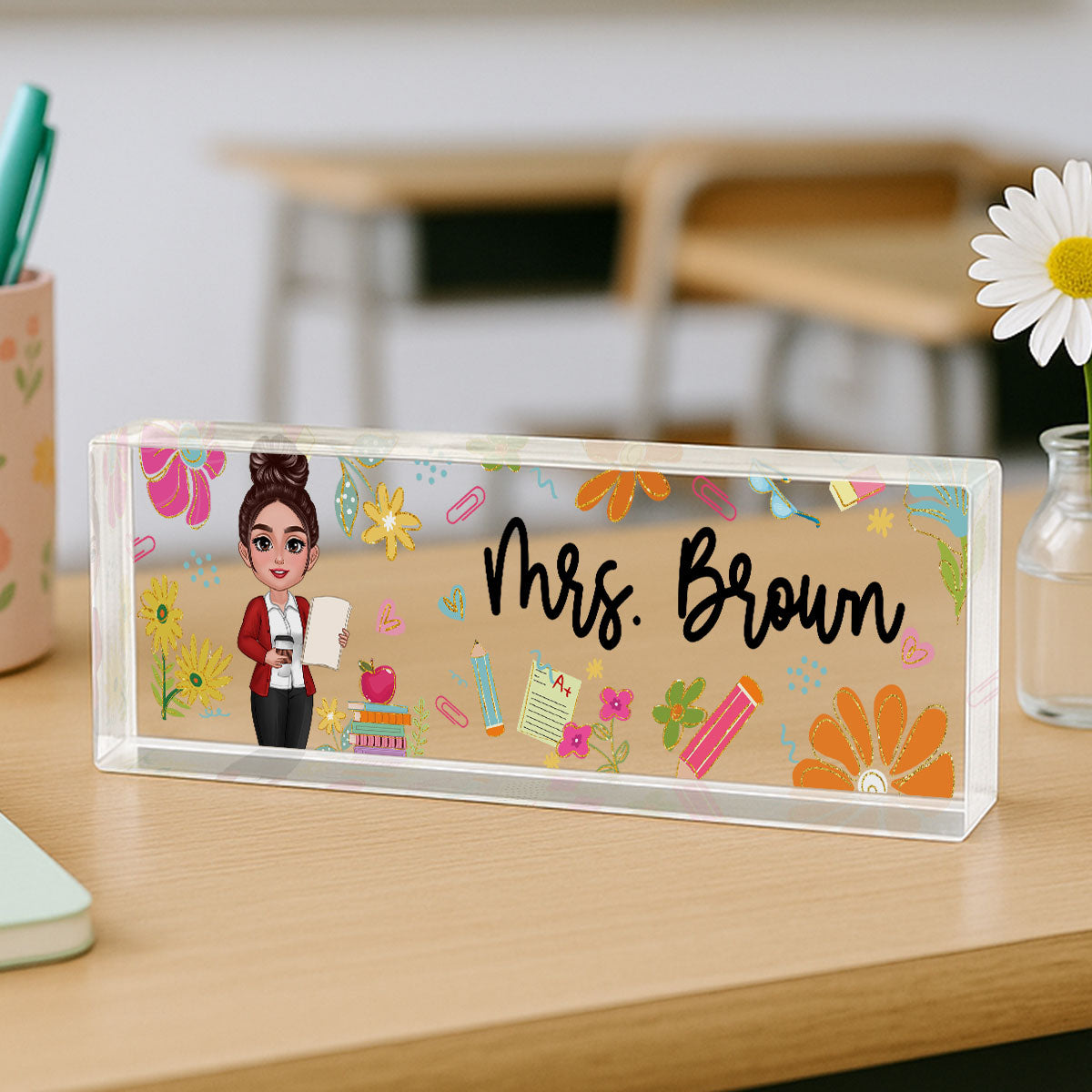 Teacher Floral Pattern Personalized Acrylic Desk Name Plate, Back To School Gift For Teacher