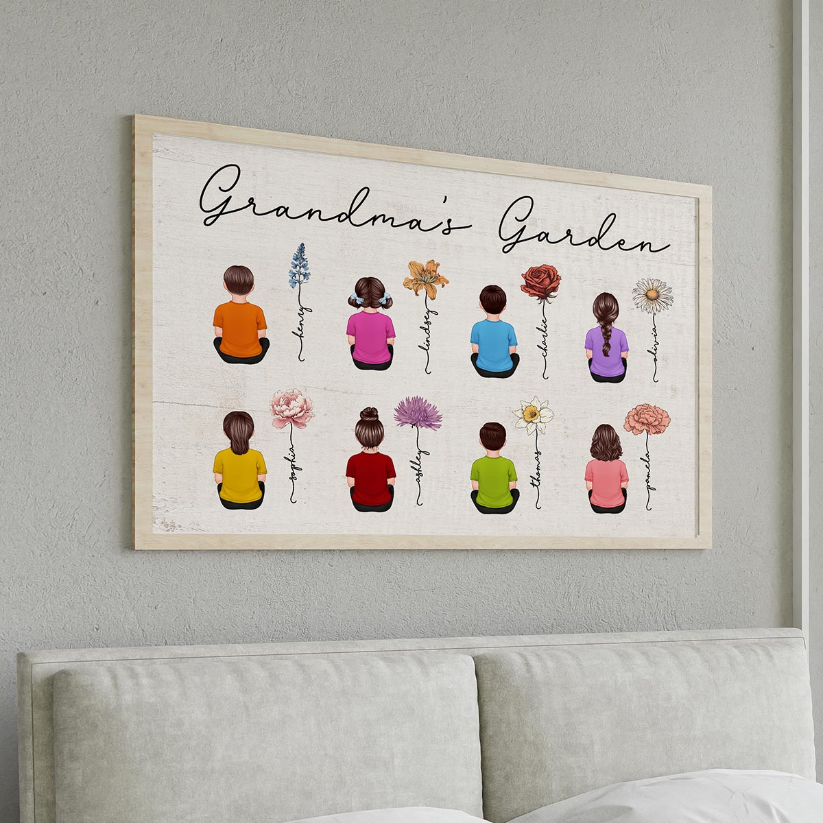 Vintage Birth Month Flowers Garden With Grandkids Names - Personalized Poster - Gift For Grandma, Mom, Auntie