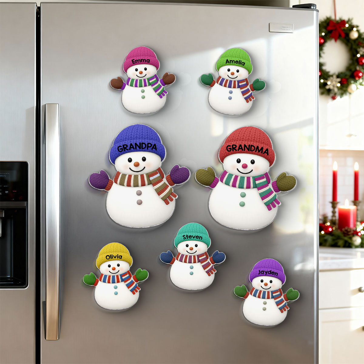 Christmas Grandma Grandpa And Grandkids Snowman Together - Personalized Acrylic Fridge Magnet