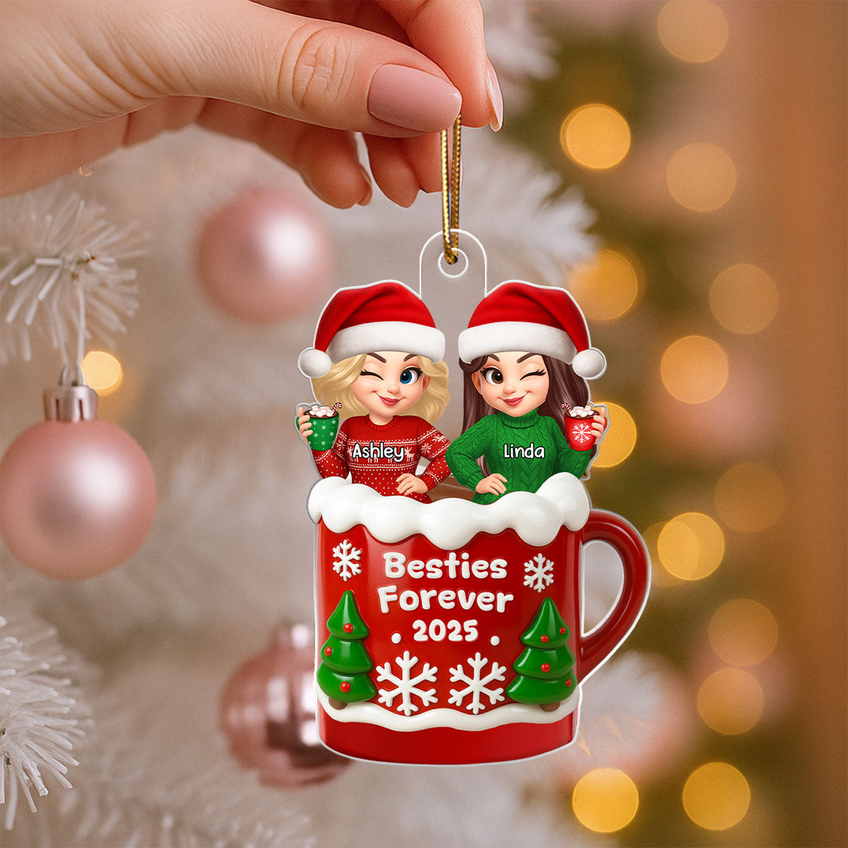 Christmas Besties Sisters In Hot Cocoa 3D Effect Personalized Acrylic Ornament
