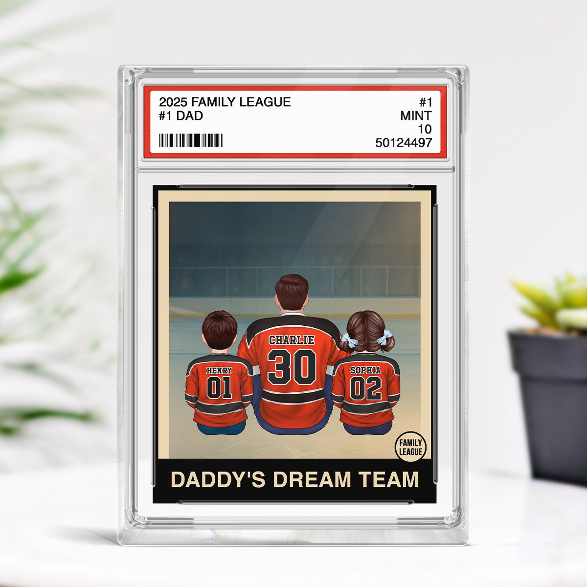 Hockey No. 1 Dad Man & Kids Sitting Trading Card Style Personalized Acrylic Block Plaque