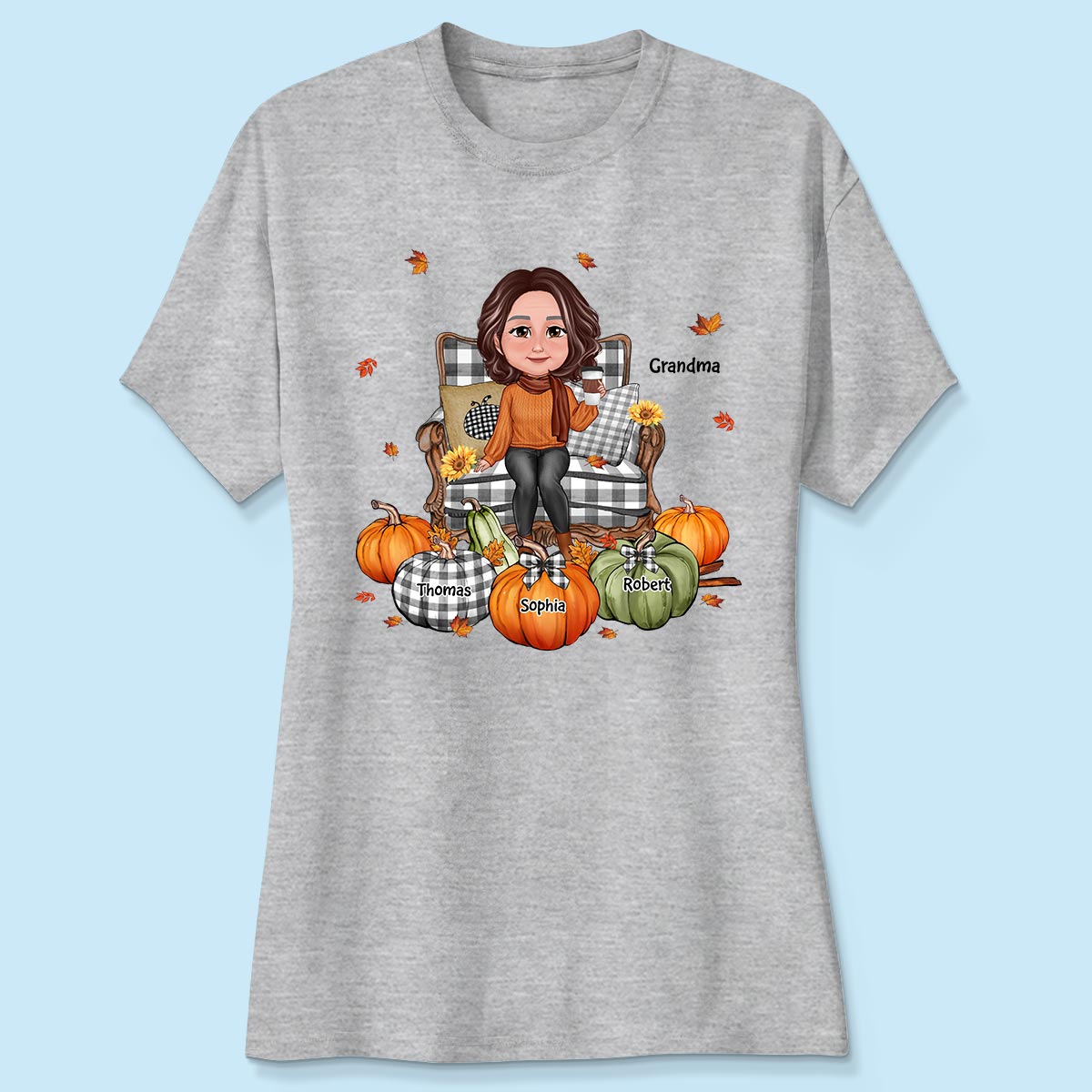 Grandma Sitting On Chair Pumpkins - Personalized Shirt - Gift For Grandma