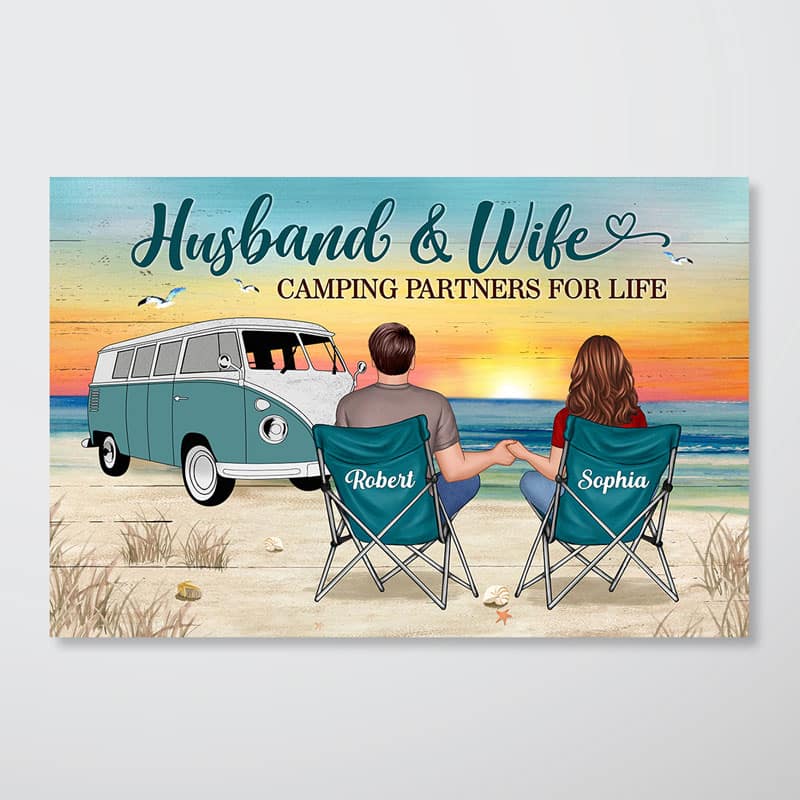 Back View Couple Camping Beach Landscape Personalized Horizontal Poster