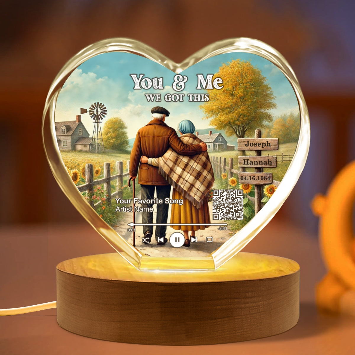 Couple Growing Old Together Favorite Song Scannable QR Code Personalized Premium Crystal Heart LED, Free Shipping Included