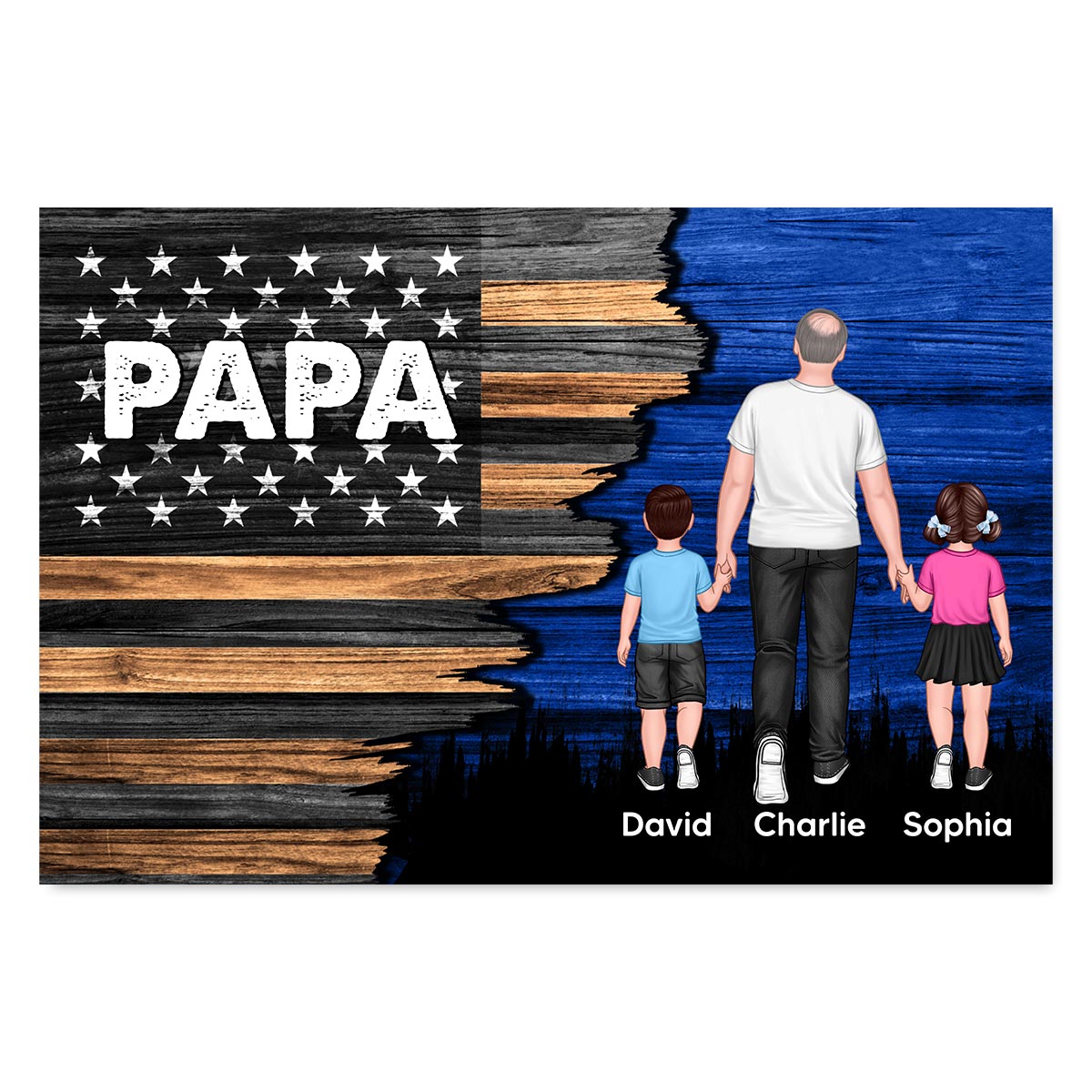 Grandpa Papa Walking With Grandkids Half Nation Flag Personalized Horizontal Poster