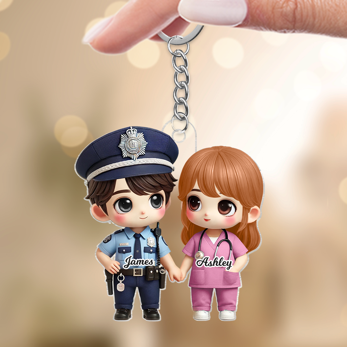 3D Effect Cute Cartoon Couple Gift by Occupation Gift For Her Gift For Him Personalized Acrylic Keychain, Anniversary Gift For Couple