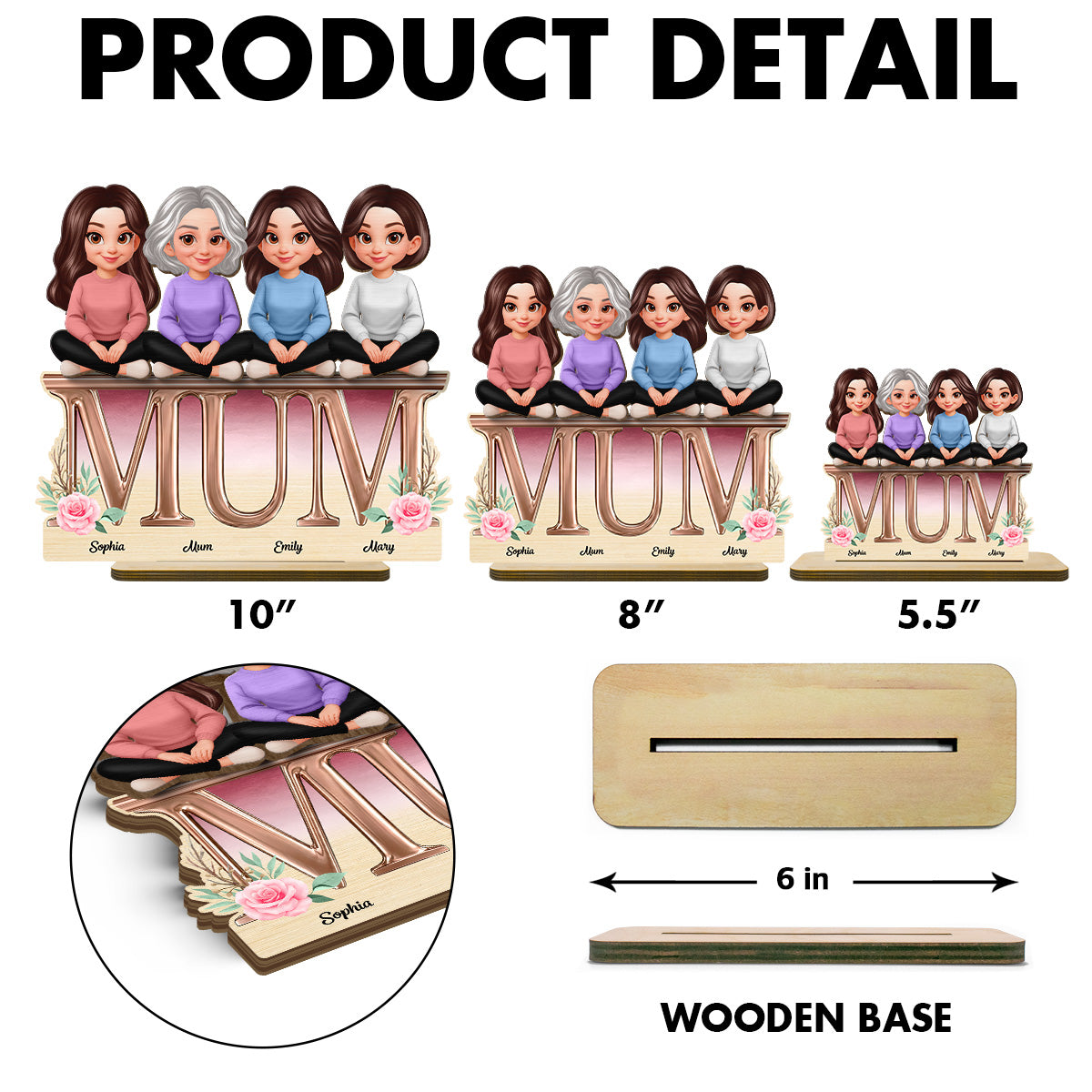 Floral MUM And Daughters Sons - Personalised 2-Layered Wooden Plaque - Gift For Mum