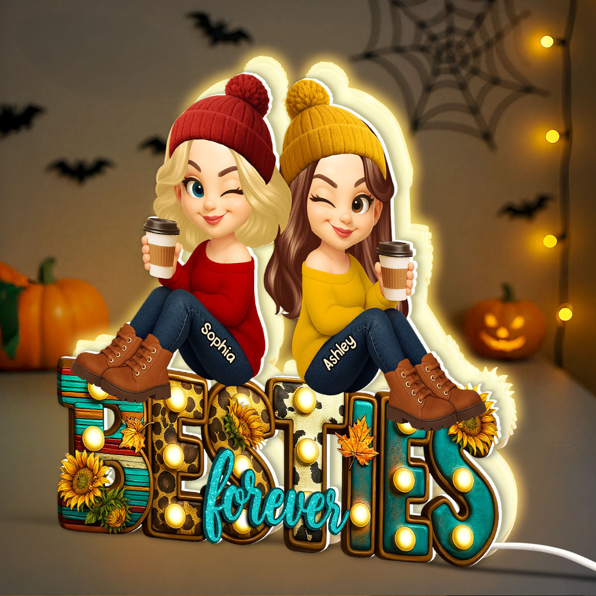 Western Besties Fall Vibe Sitting Personalized Light Box, Fall Gift for Best Friends